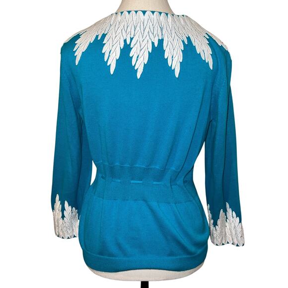 Anthropologie MOTH Wisteria Cardigan Sweater Teal Blue White Lace Trim Size M - Picture 2 of 11